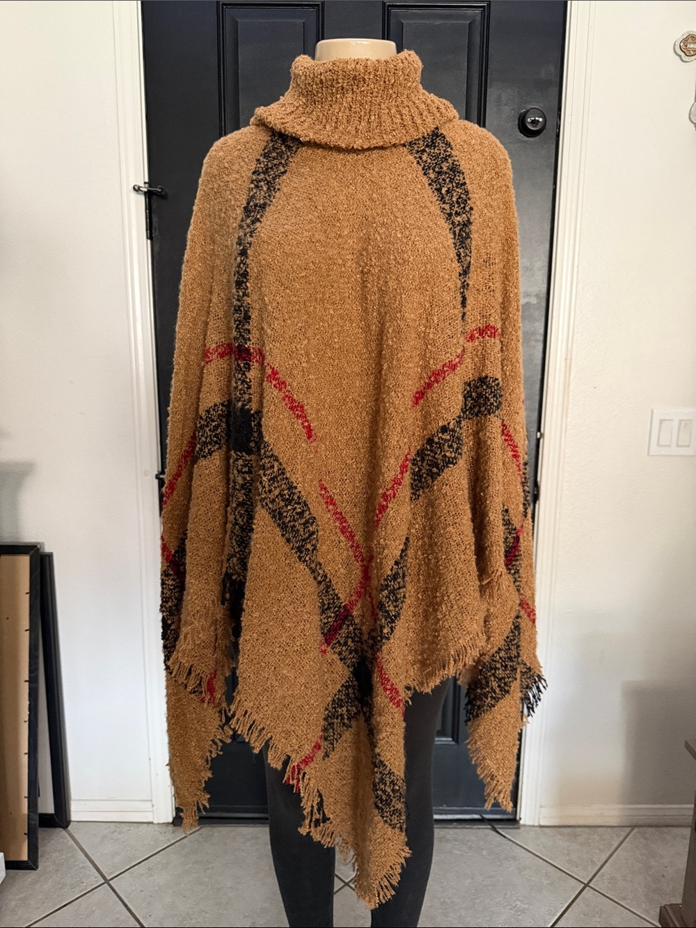 Cozy Turtleneck Poncho Sweater in Camel with Black & Red Accents one size New